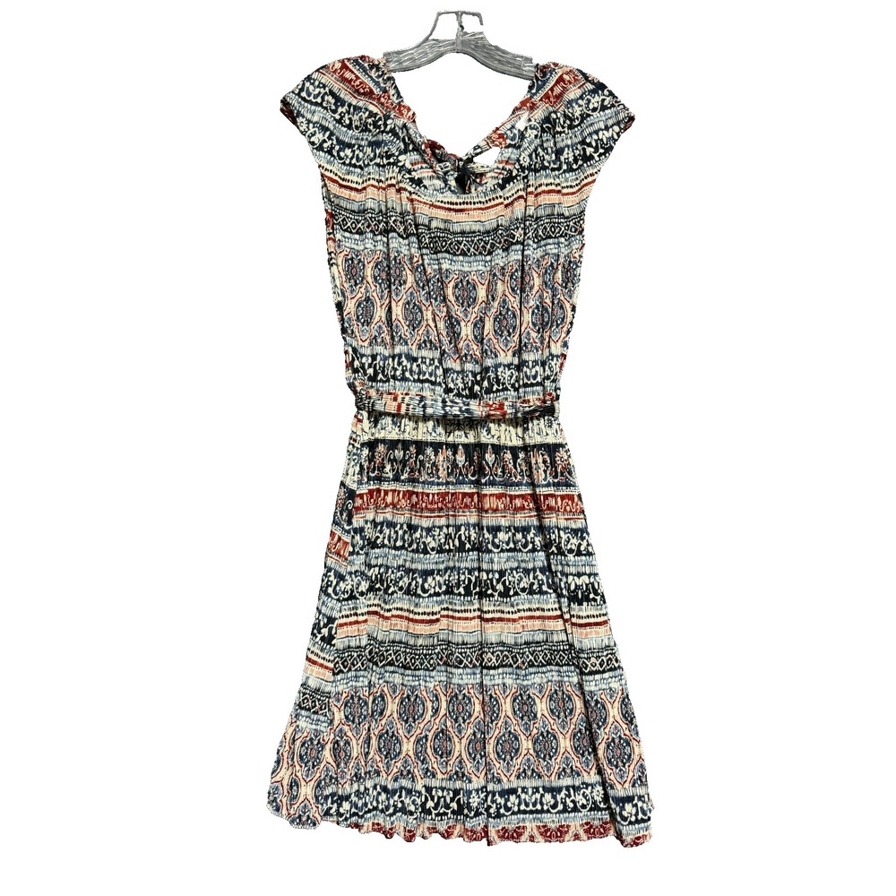 LC Lauren Conrad Plisse Pleated Neck Dress S Silk Road Boho Geometric Belted NWT